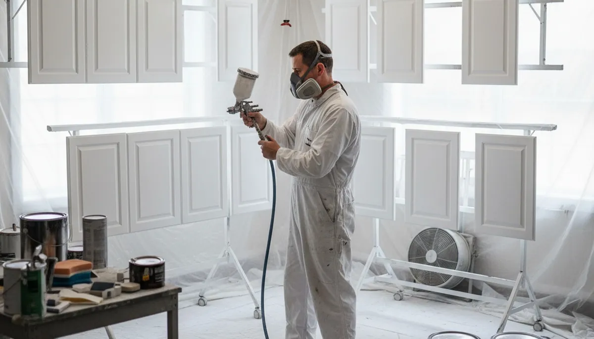 Professional cabinet painting in Plymouth MA using spray techniques for smooth, durable kitchen finishes