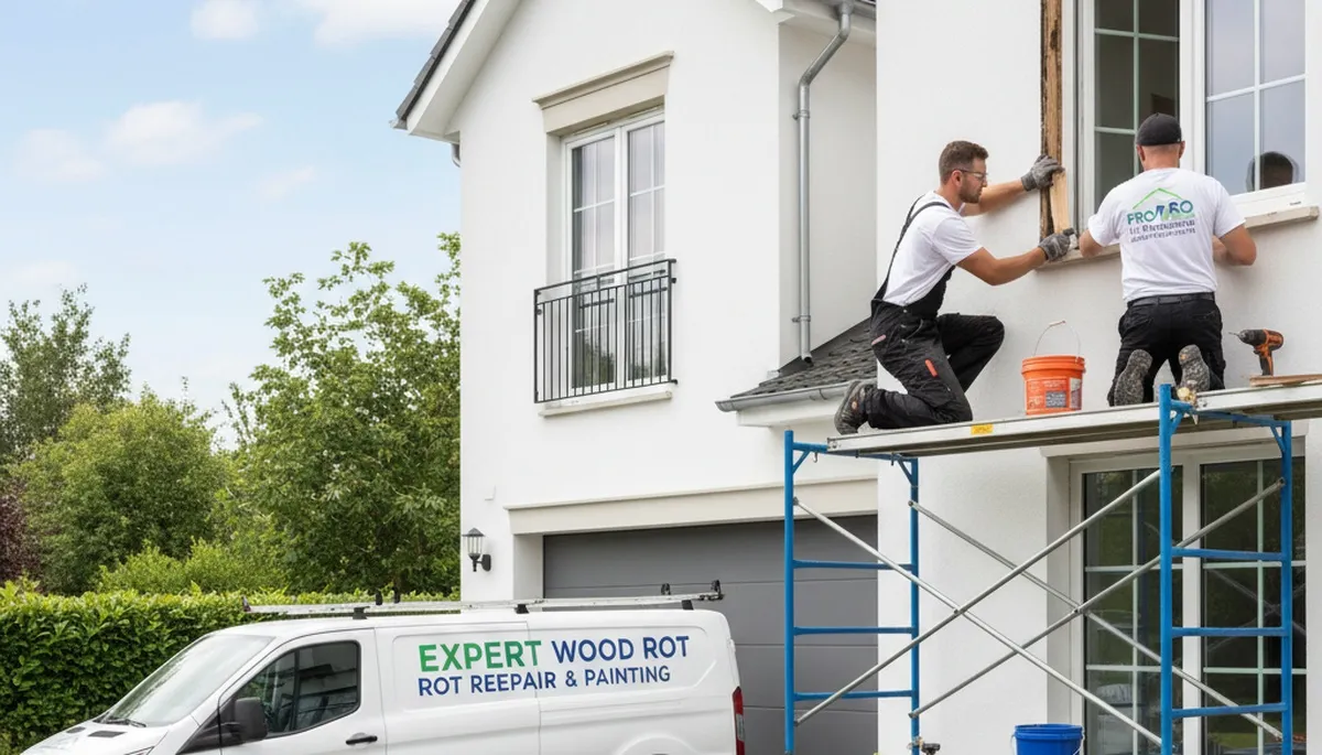 Wood rot repair and exterior painting on coastal home in Plymouth, MA by expert carpentry team